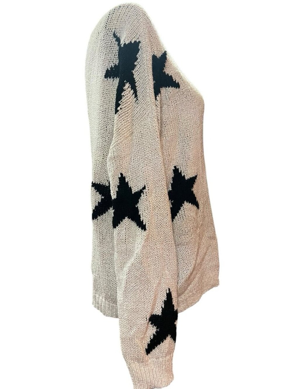 Beige Black Star Accent Crewneck Pullover Sweater Starry Preppy Neutral Sz M - Picture 4 of 6